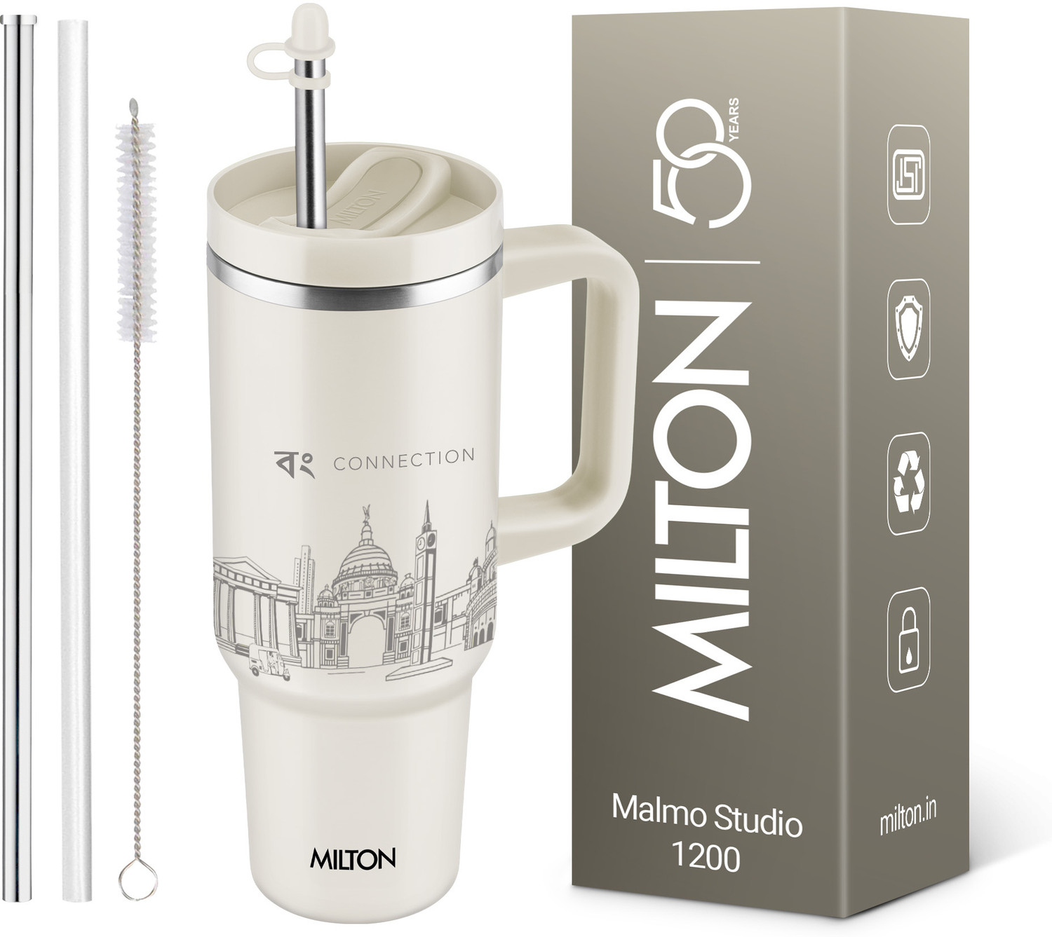 Image of MILTON Malmo 1200 Thermosteel Vacuum Insulated Tumbler 1100 ml with Straw Kolkata Beige Stainless Steel Tumbler
