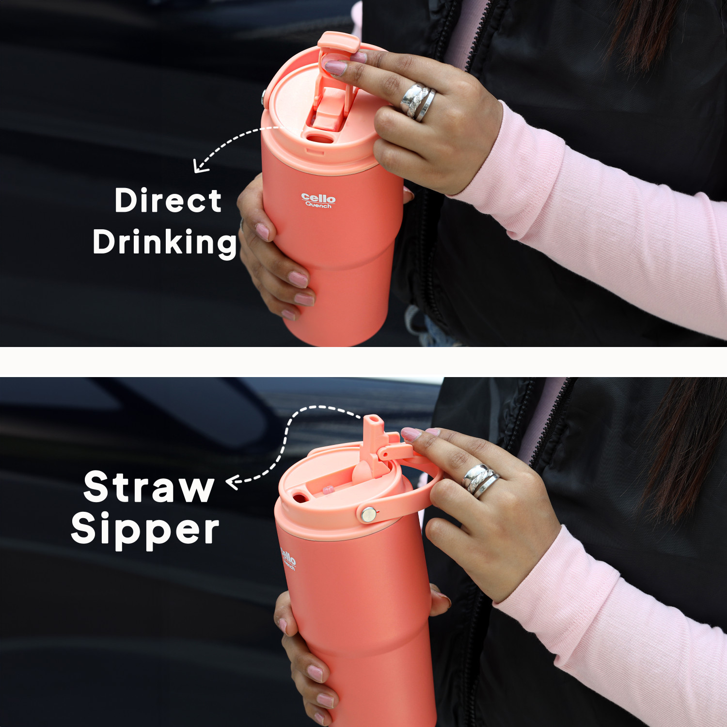 Image of cello Quench Go 850 ISI Certified Double Wall Vacuum Insulated Tumbler with Lid, Peach Stainless Steel Tumbler