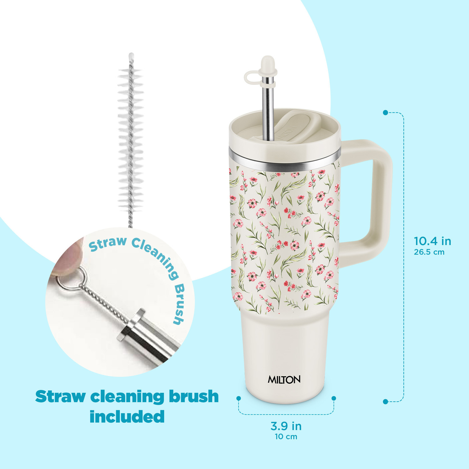 Image of MILTON Malmo 1200 Thermosteel Vacuum Insulated Tumbler 1100 ml with Straw Floral Beige Stainless Steel Tumbler