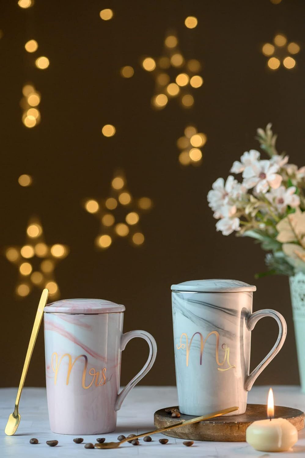 Image of CPENSUS Coffee with Lid and Spoon 400ml Ceramic Marble Finish MR Couples Gift Ceramic Coffee Mug