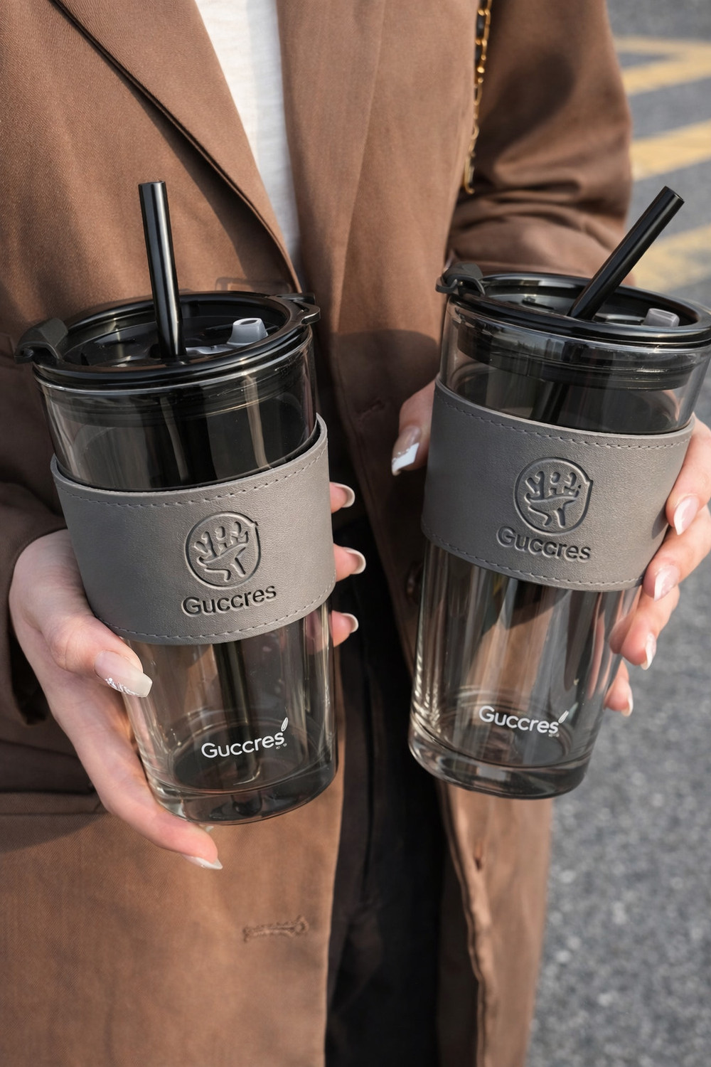 Image of Wallsenterprise Glass Coffee Cup with Straw & Sleeve | Cold Coffee Glass Tumbler Glass Coffee Mug