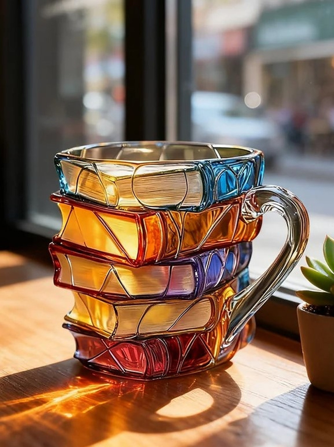 Image of Dancing Panda Handcrafted Colorful Book Stack Glass Translucent Literary Themed(Set of 1) Glass Coffee Mug (191 ml)