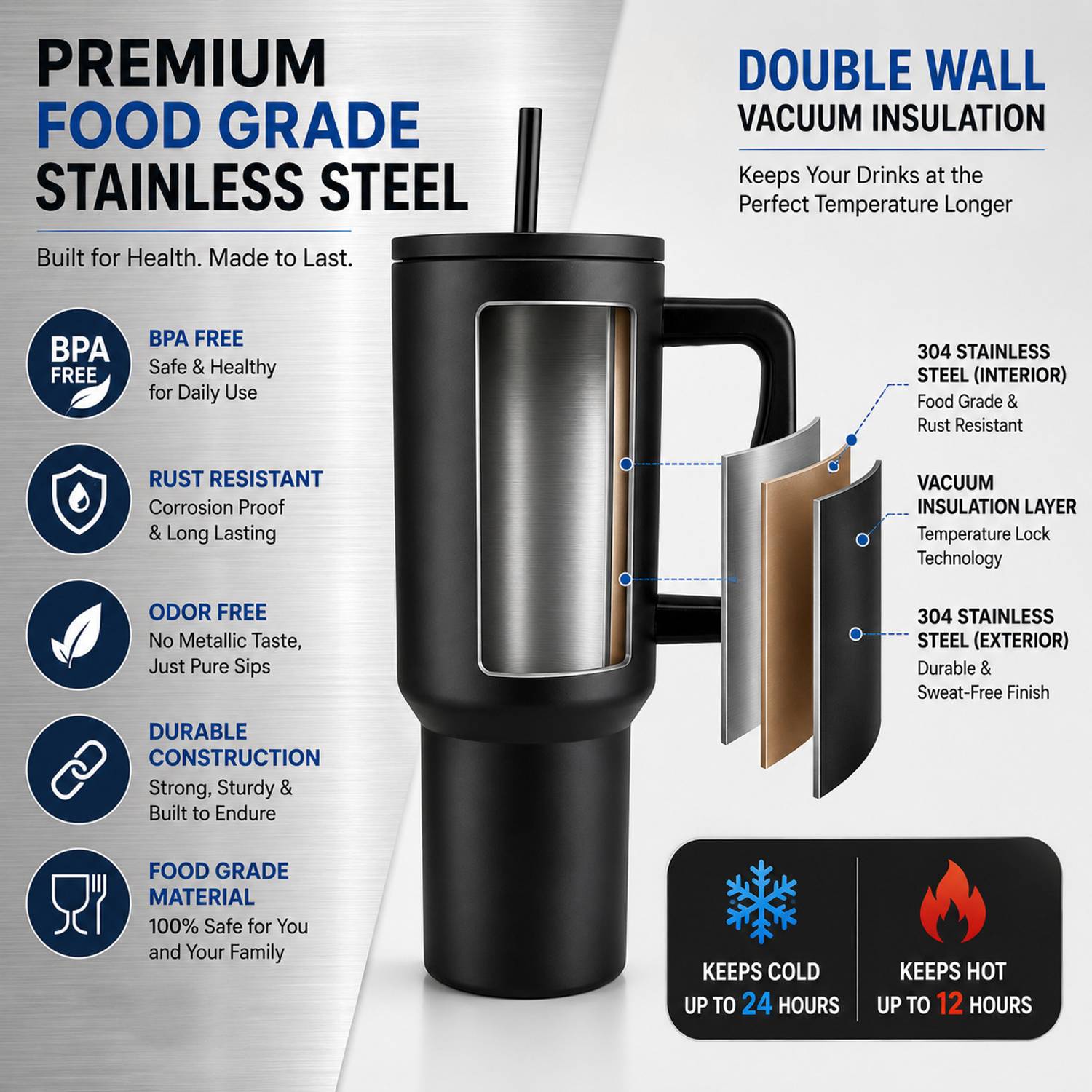 cropito 40oz Stainless Steel Tumbler with Straw & Lid Black - Image 4