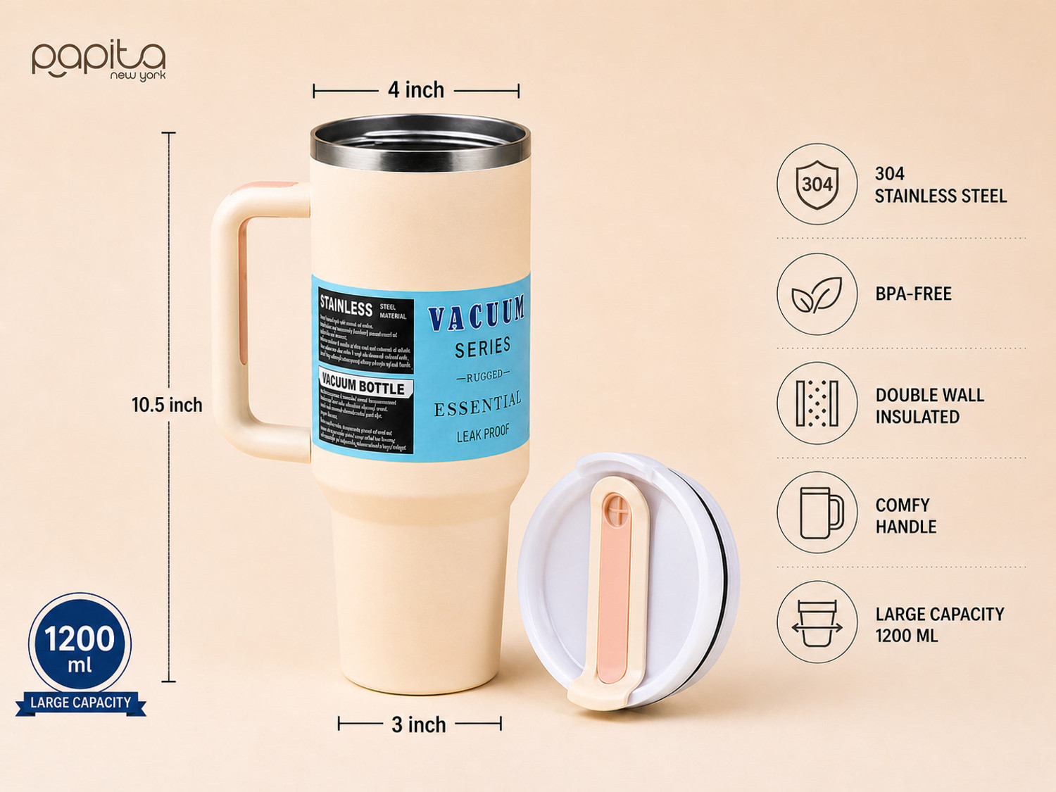 Image of papita TUMBLER Handle,Dual Lid,Drinking Straw,Hot&Cold Double Vacuum Insulated Flask Stainless Steel Tumbler