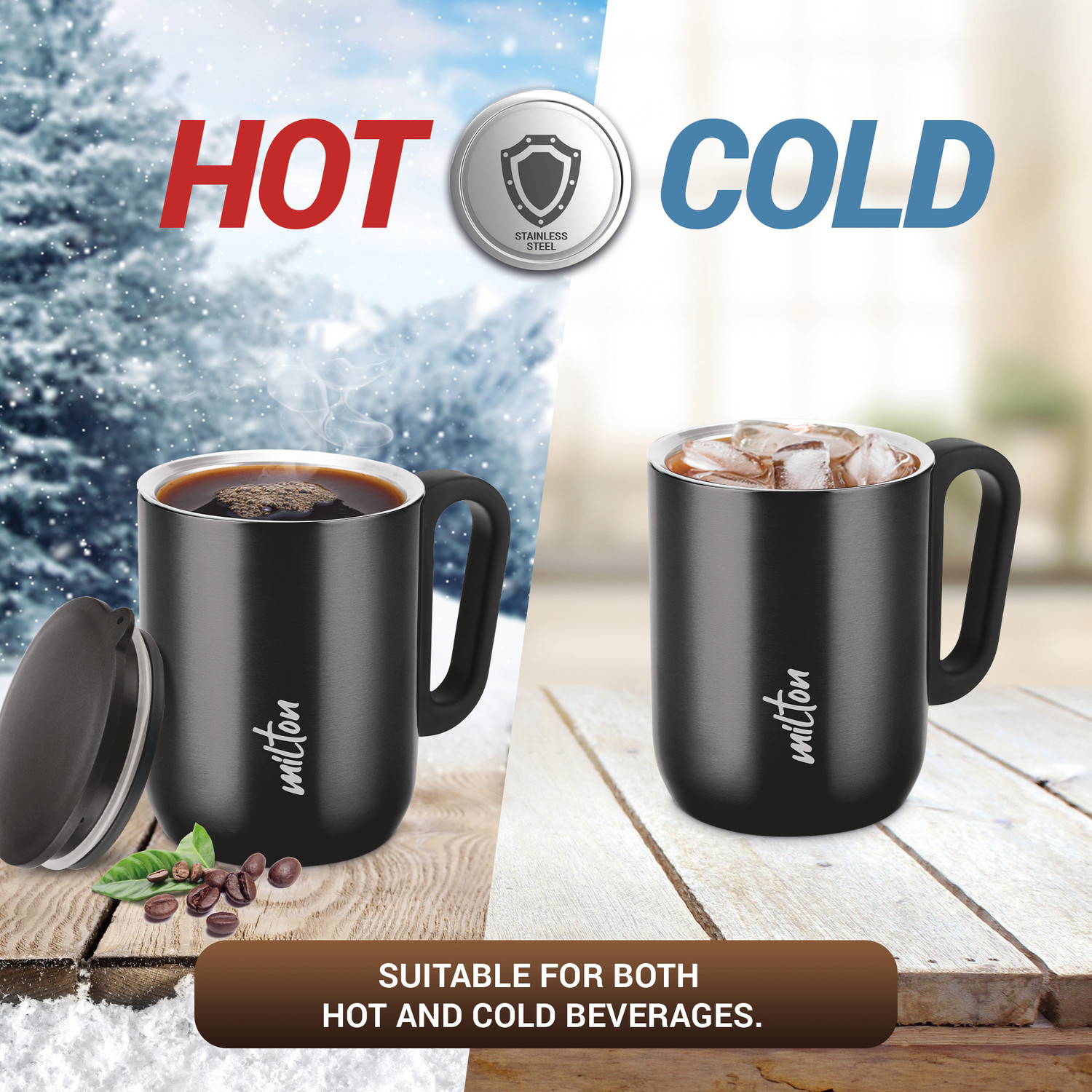 Image of MILTON Erin Coffee 250 Double Walled Coffee 240ml Inner Steel & Lid, Black Stainless Steel Coffee Mug