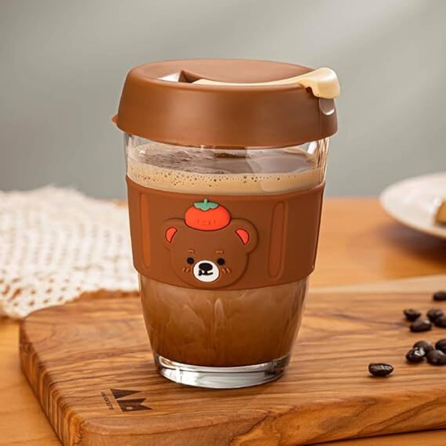 TINSUHG Fancy Transparent Brown Bears with sleeve sipper mug Glass Coffee Mug