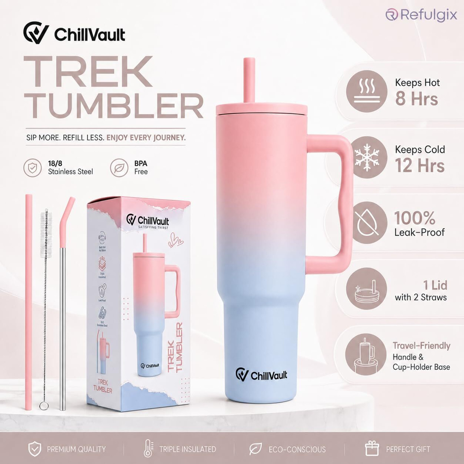 Image of ChillVault Insulated Tumbler with Handle, Leak-Proof Lid, 2 Straws, Hot & Cold Cup Stainless Steel Tumbler