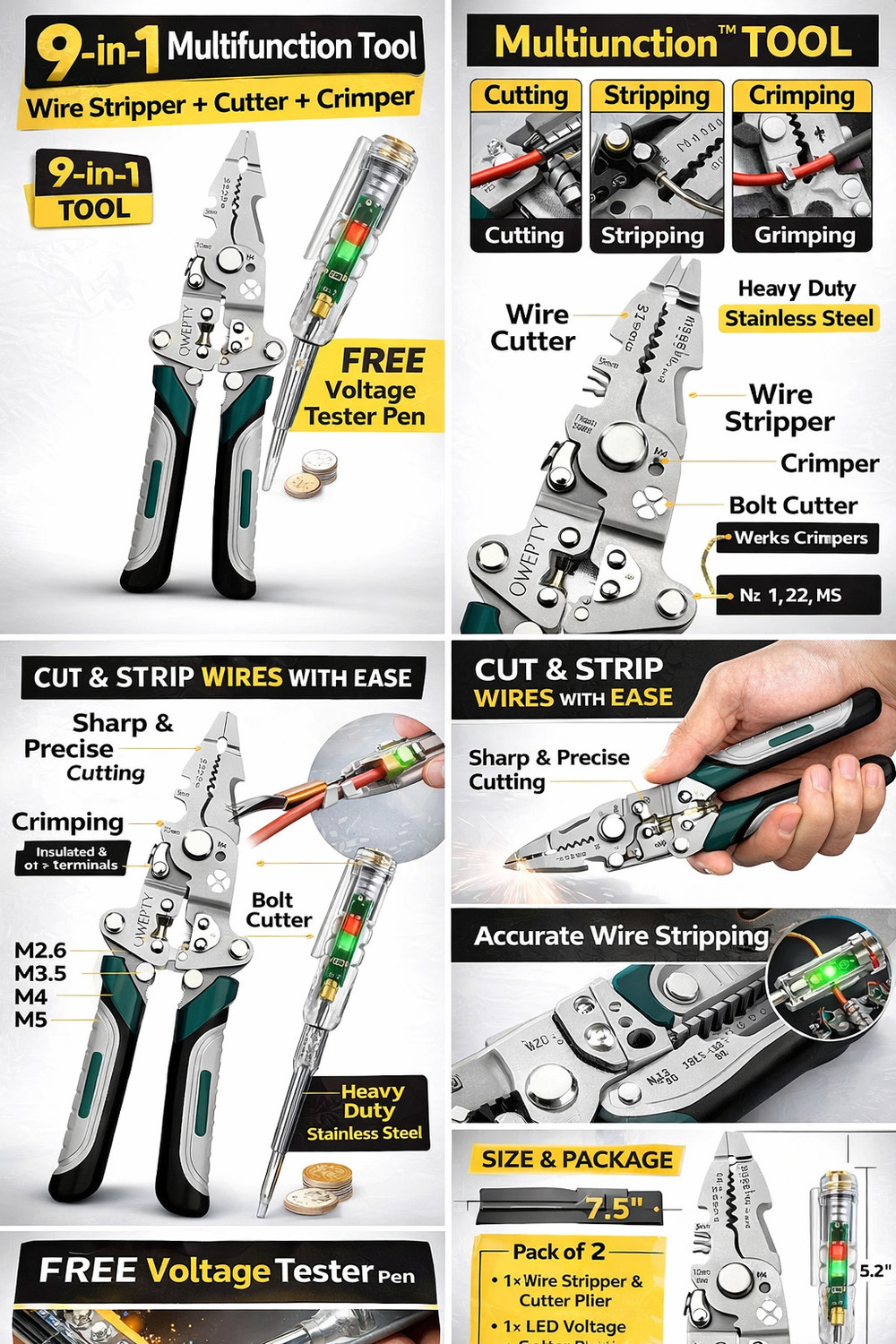 Image of Fisco Wire Stripper Crimper Cutter Plier with Free Voltage Tester Pen Multi Utility Plier (2 Tools, Green)