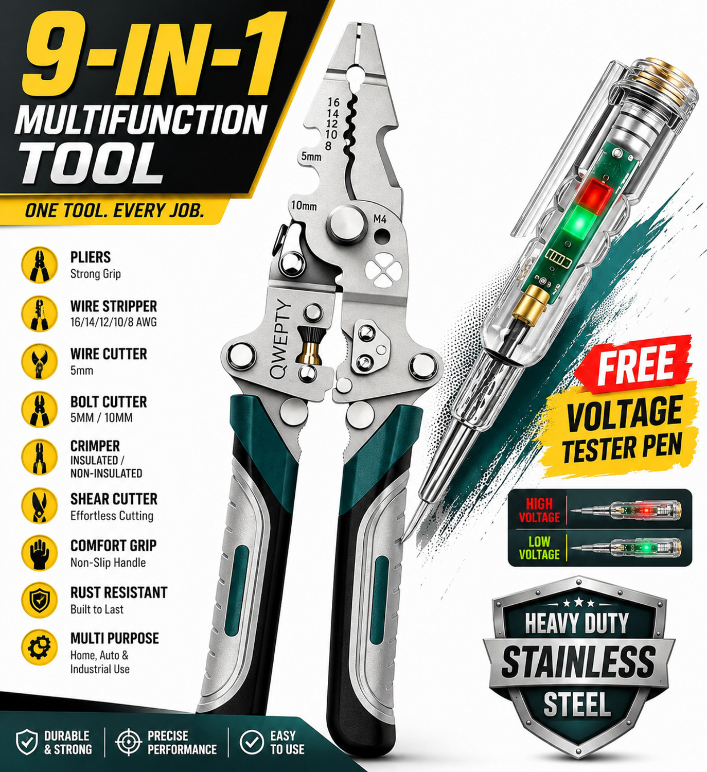 Image of Fisco Wire Stripper Crimper Cutter Plier with Free Voltage Tester Pen Multi Utility Plier (2 Tools, Green)