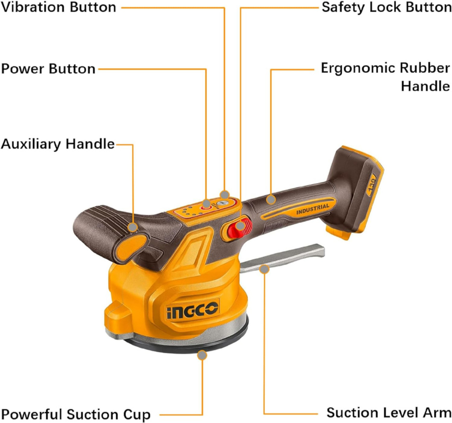 Image of INGCO CVTLI20018 Cordless Tile Vibrator, 130mm Diameter 20V 60 Kg Suction Capacity Multi Vise Tool