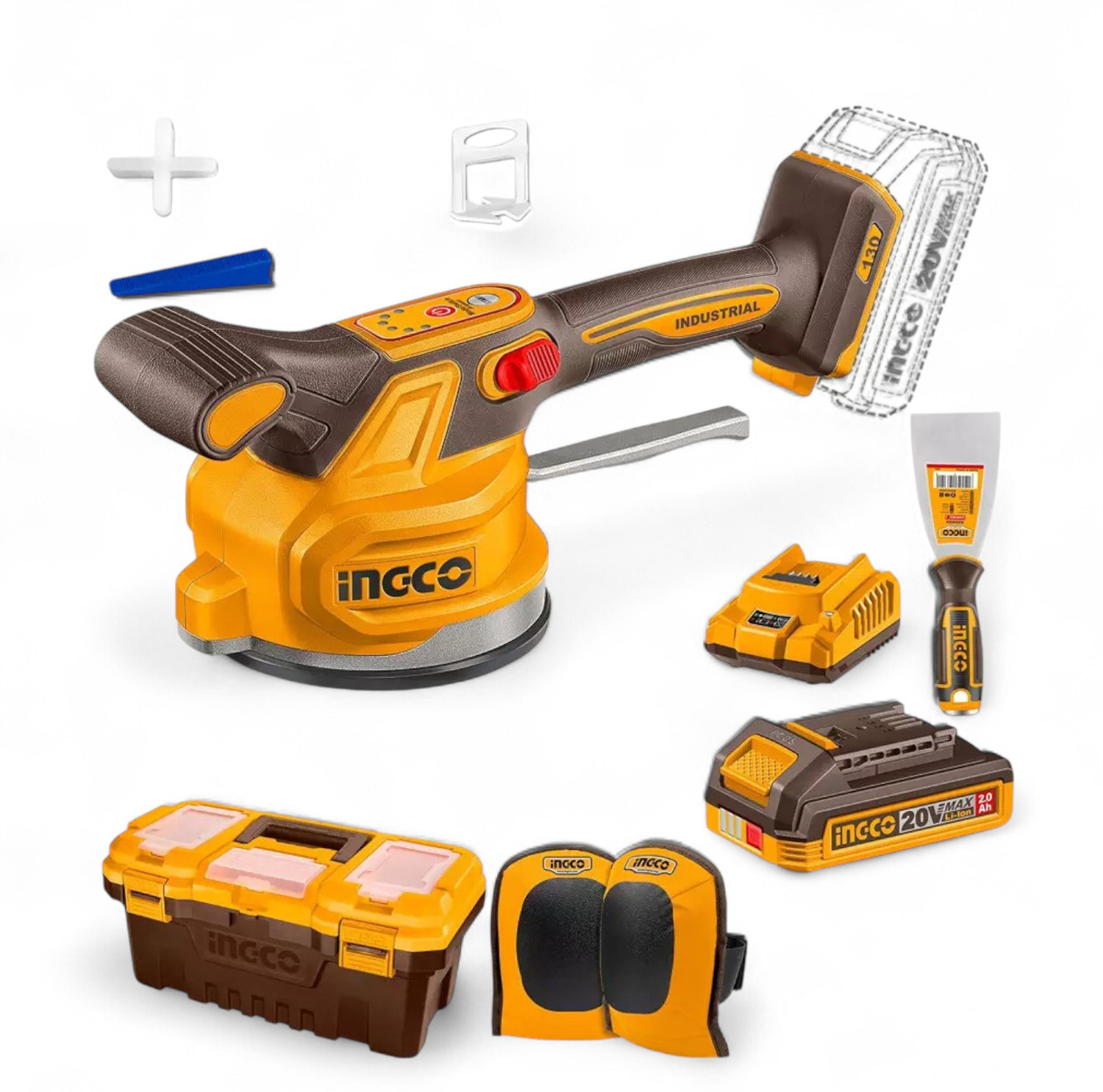 Image of INGCO CVTLI20018 Cordless Tile Vibrator, 130mm Diameter 20V 60 Kg Suction Capacity Multi Vise Tool