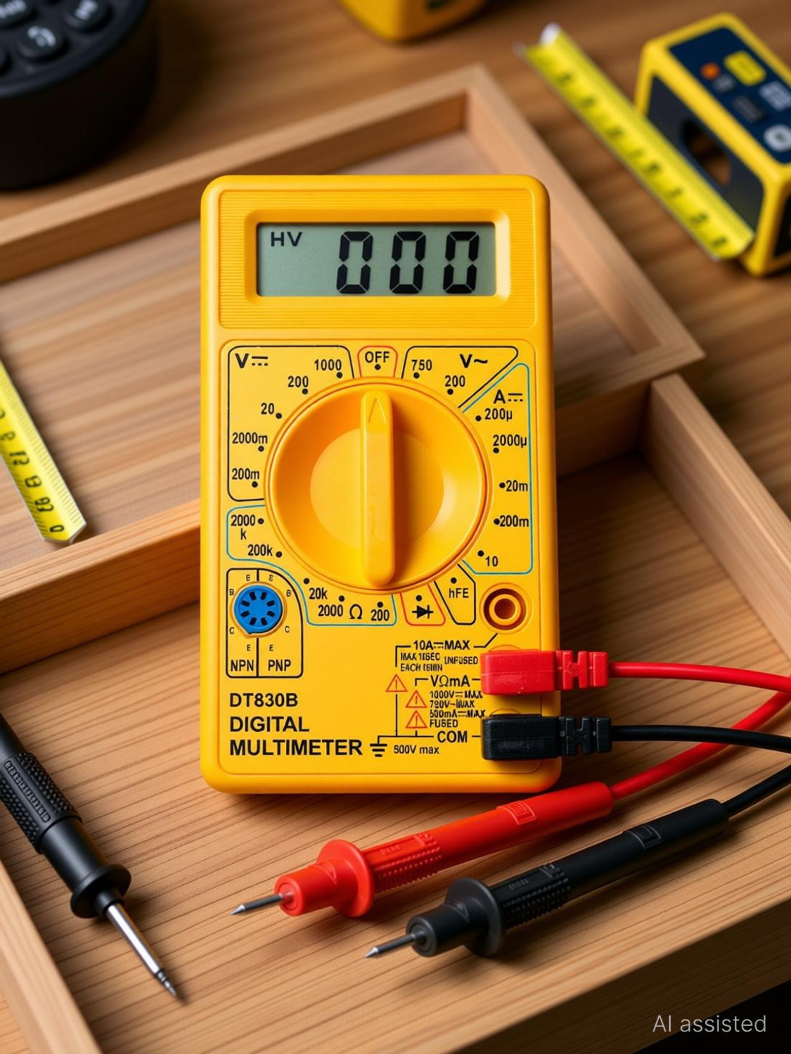 Image of HOTFIX DT830B Digital Multimeter | Diode And Transistor Tester | AC /DC Volt Test | Test Probes | Voltmeter | Multitester |Volt /OHM Meter (VOM) Multi-Meter Yellow Digital Multimeter