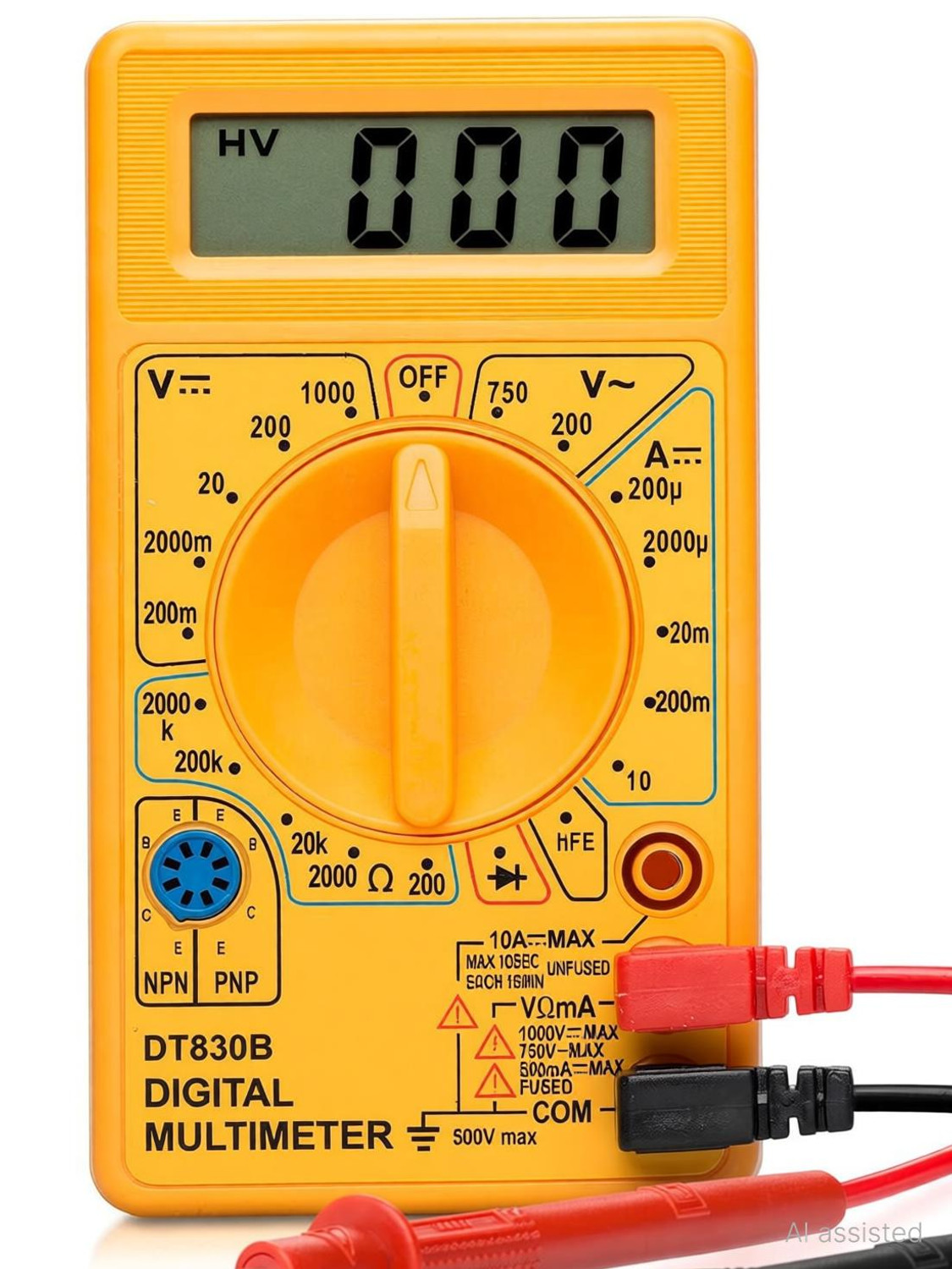Image of HOTFIX DT830B Digital Multimeter | Diode And Transistor Tester | AC /DC Volt Test | Test Probes | Voltmeter | Multitester |Volt /OHM Meter (VOM) Multi-Meter Yellow Digital Multimeter