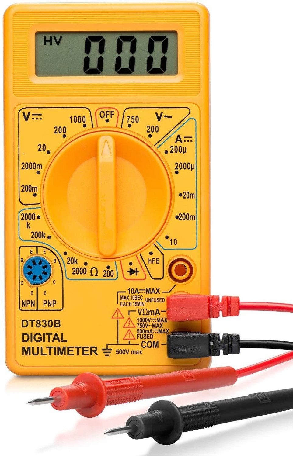 Image of HOTFIX DT830B Digital Multimeter | Diode And Transistor Tester | AC /DC Volt Test | Test Probes | Voltmeter | Multitester |Volt /OHM Meter (VOM) Multi-Meter Yellow Digital Multimeter