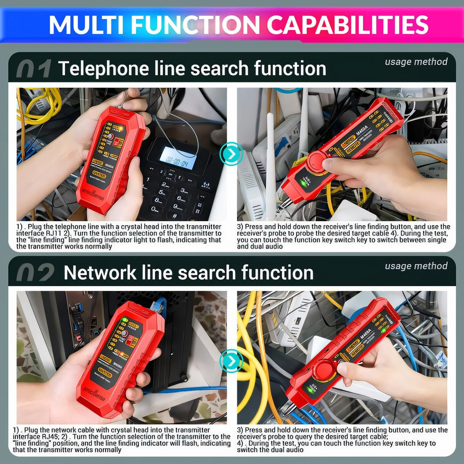 Image of amiciTools Network Cable Tracker,Wire Break Point Tester with Flashlight Analog Multimeter