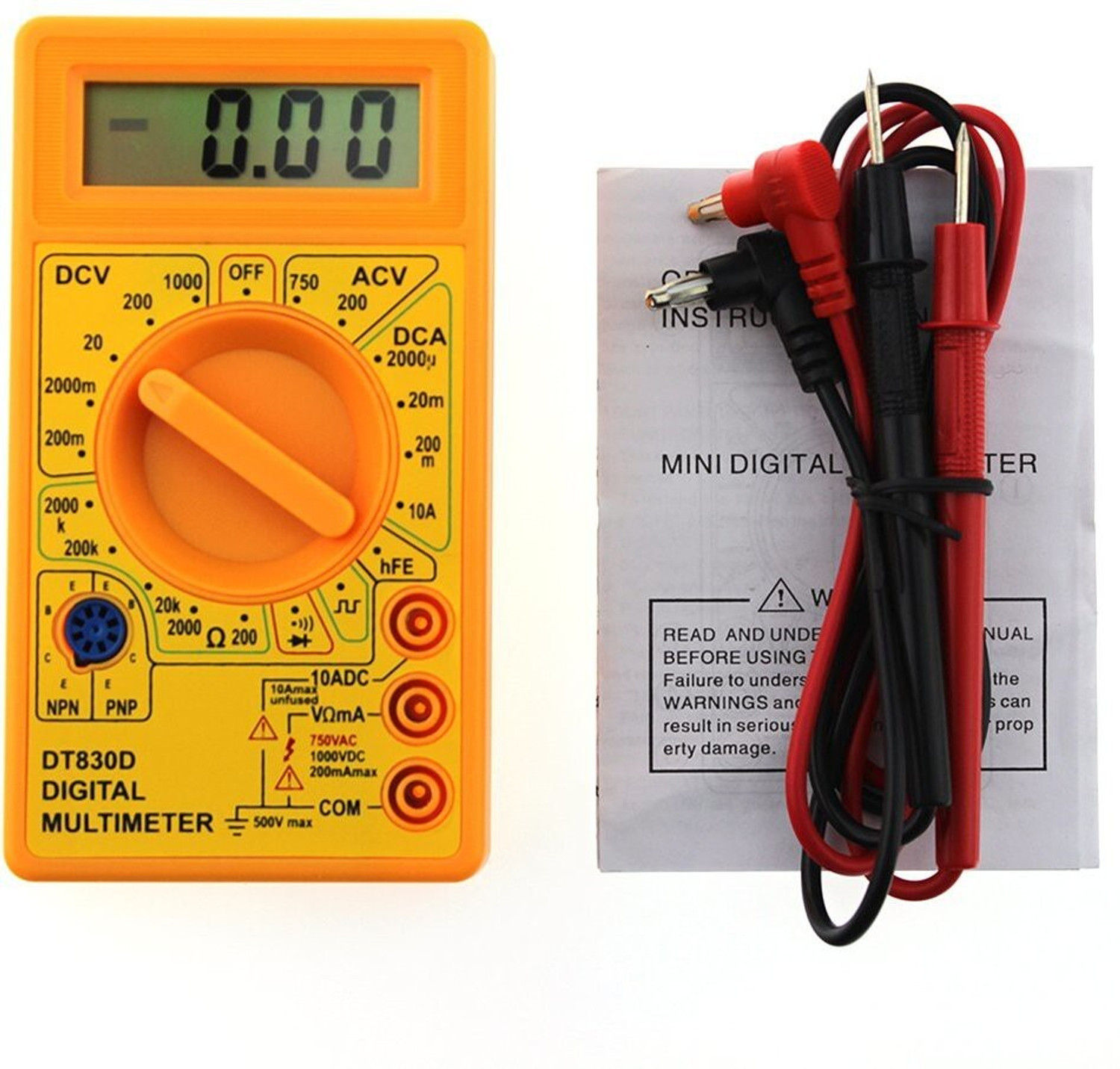 Image of HOTFIX DT830B Digital Multimeter | Diode And Transistor Tester | AC /DC Volt Test | Test Probes | Voltmeter | Multitester |Volt /OHM Meter (VOM) Multi-Meter Yellow Digital Multimeter