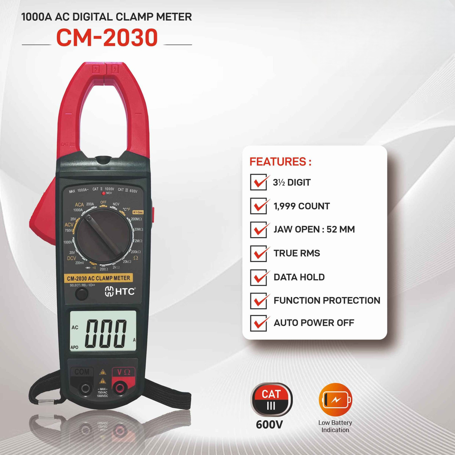 Image of HTY HTC CM2030, Digital Ac Clamp Meter 1000A Tester Clip-On-Meter Digital Multimeter