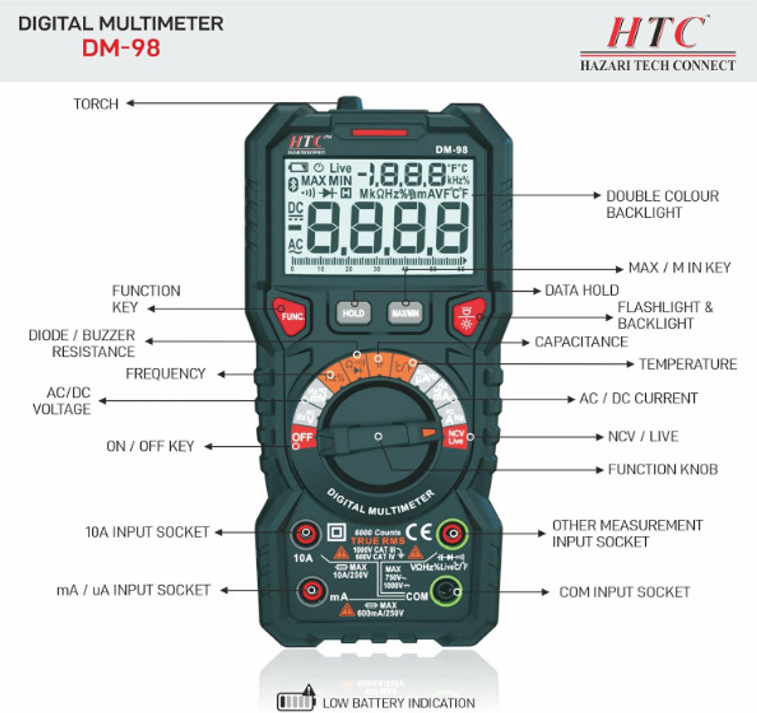 Image of HCT HTC DM-98 with TRMS and Autoranging function with Bargraph (Battrey Included) Digital Multimeter