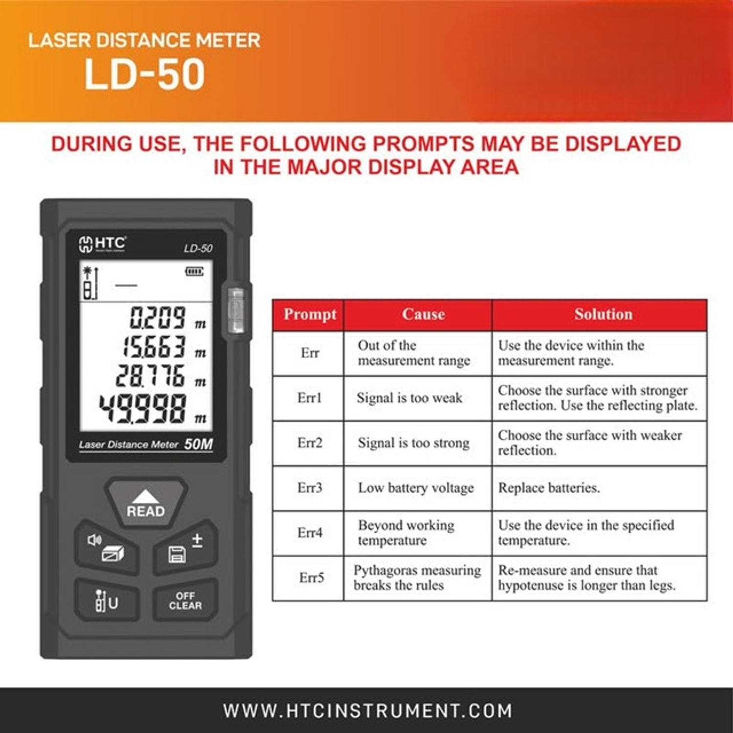 Image of HTY HTC LD-50 Laser Distance Meter Battery Installation and Replacement Self Calibration Function, Single /Continuous /Area /Volume Measurement Non-magnetic Electronic Level