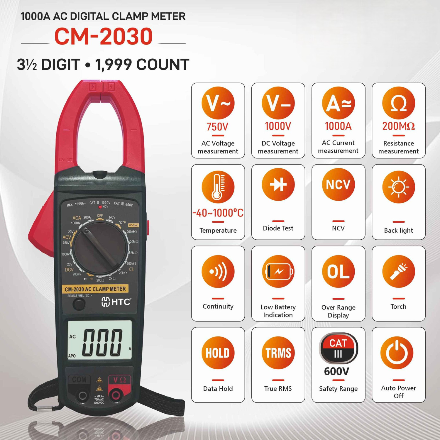 Image of HTY HTC CM2030, Digital Ac Clamp Meter 1000A Tester Clip-On-Meter Digital Multimeter
