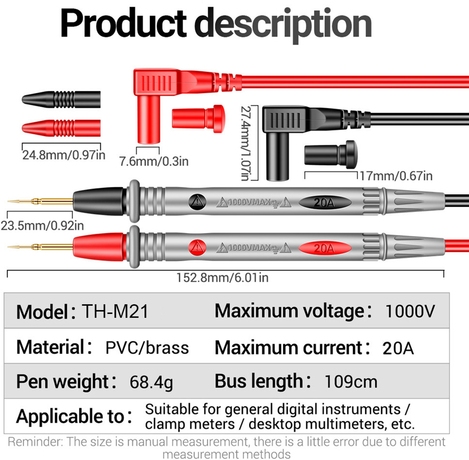 Image of tHemiStO TH-M21 20A 1000V Copper Multimeter Test Leads | Length 110cm Digital Multimeter