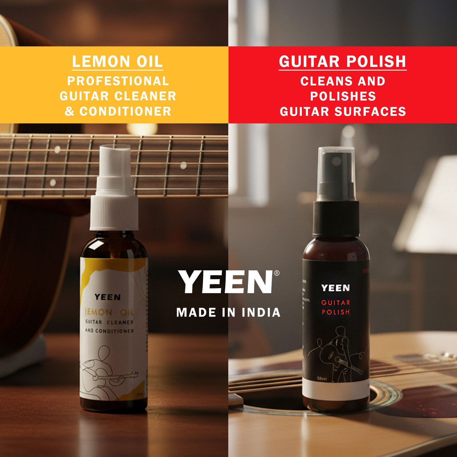 Image of YEEN Guitar Care Kit - Lemon Oil Cleaner & Guitar Body Polish (2 x 50ml) Music Instrument Polish