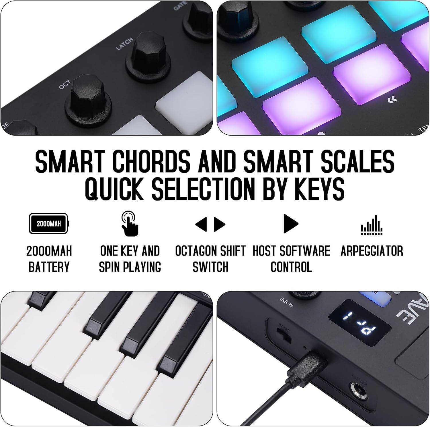 Image of Stig M-WAVE Portable Black MIDI Keyboard Controller - 25-Key with 16Pads & Knobs SMK-25 II Digital Portable Keyboard