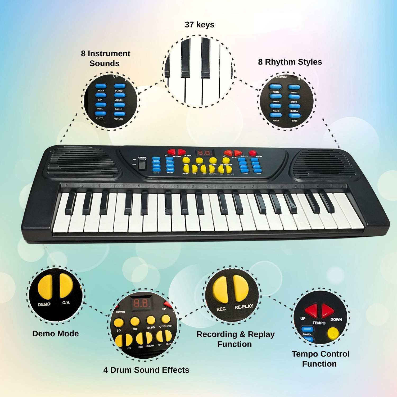 Image of Kezam Kids Piano with Microphone | Big Fun Piano Keyboard, 37 Keys, 8 Rhythms & Tones, Record Feature, Mic Analog Digital Piano