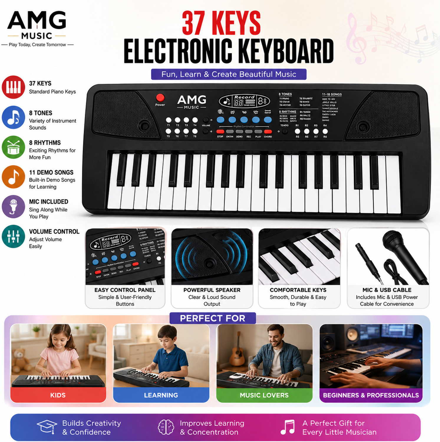Image of Urban Infotech 37 Keys Electronic Keyboard for Kids with Microphone, USB Type-C Power 8 Tones, 8 Rhythms, 11 Demo Songs, Piano Toy Musical Keyboard for Boys & Girls Digital Digital Piano (37 Keys)