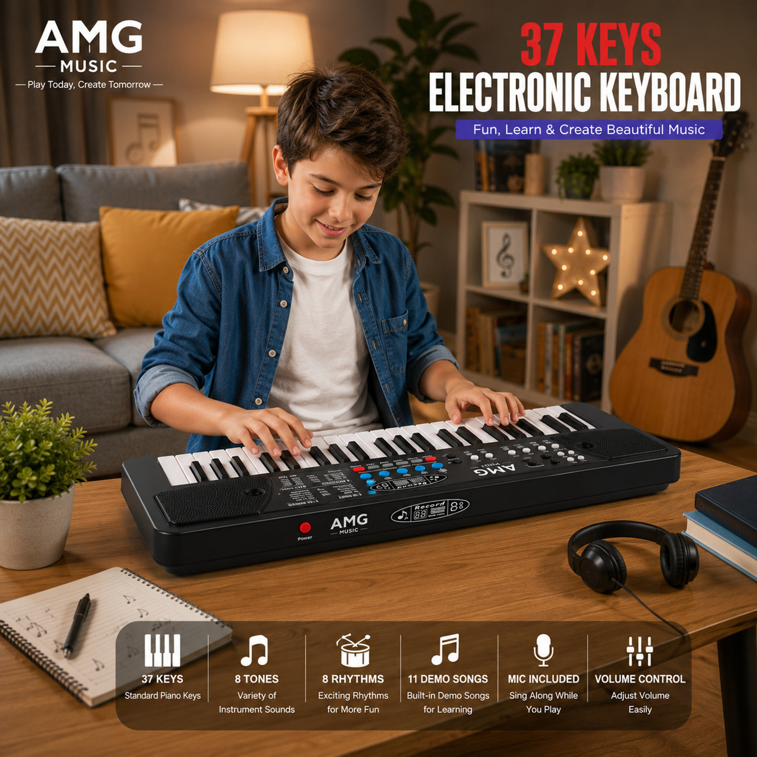 Image of Urban Infotech 37 Keys Electronic Keyboard for Kids with Microphone, USB Type-C Power 8 Tones, 8 Rhythms, 11 Demo Songs, Piano Toy Musical Keyboard for Boys & Girls Digital Digital Piano (37 Keys)