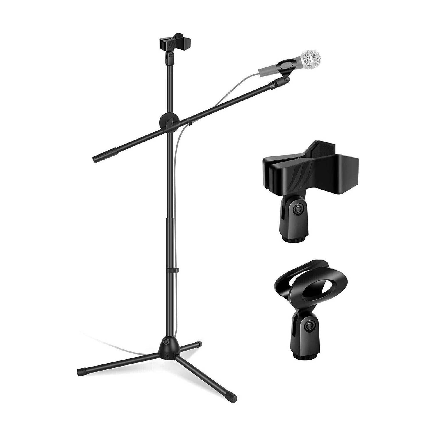 AMG Music Microphone Stand, Foldable Tripod Boom Stand Adjustable Height Heavy Duty Mic Boom Stand with Dual Mic Clip Holders and Metal Base for Singing, Speech, Stage, Outdoor Activities Microphone Stand