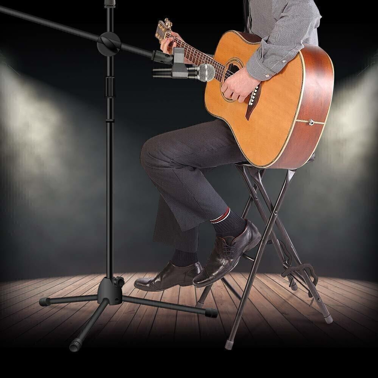 Image of Urban Infotech 3 Leg Boom Double Microphone Stand NB-200 Adjustable Mic Stand with 2 Mic Clip Holders & Pop Filter Mike Stand for BM800 Condenser Singing, Speech, Stage and Studio Recording NA (Black) Microphone Stand