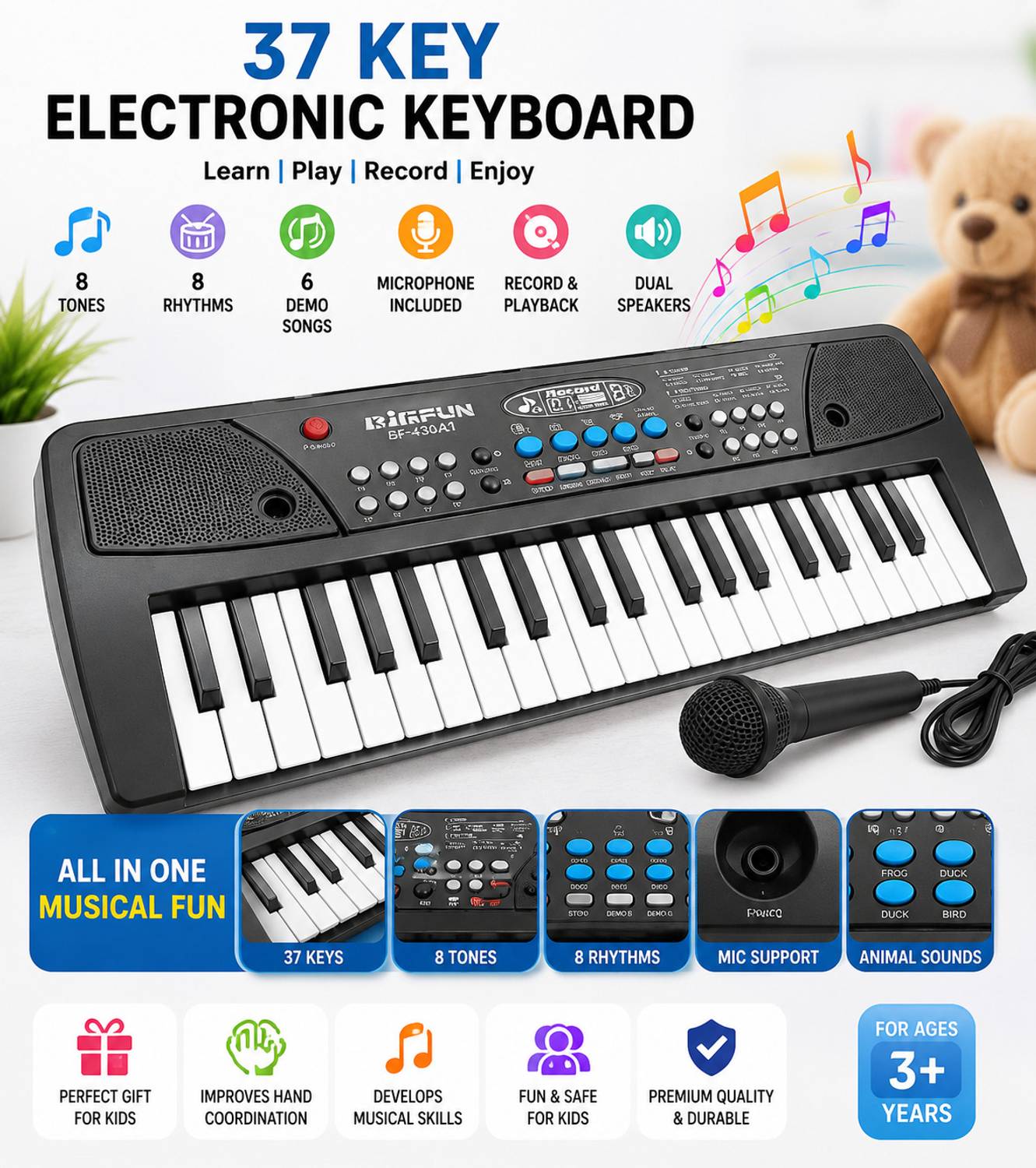 Toys Adventure 37 Keys Electronic Piano Keyboard Toys for Kids with Mic, Recording & Charger