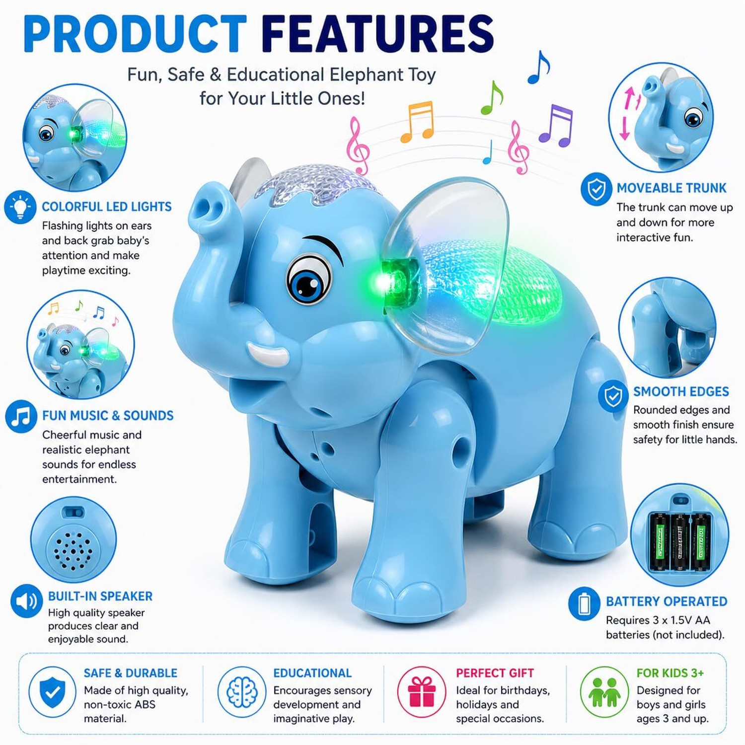 Image of Alvero Musical Clever Elephant Crawling Toy with 3D Flashing Lights, Sound & Walking (Blue)