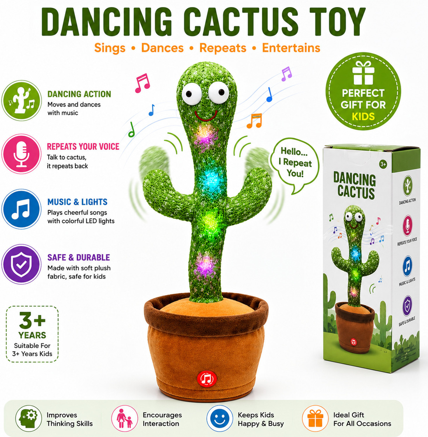 Image of Toys Adventure Dancing Cactus Talking Musical Toy for Kids, Mimicking & Music Features
