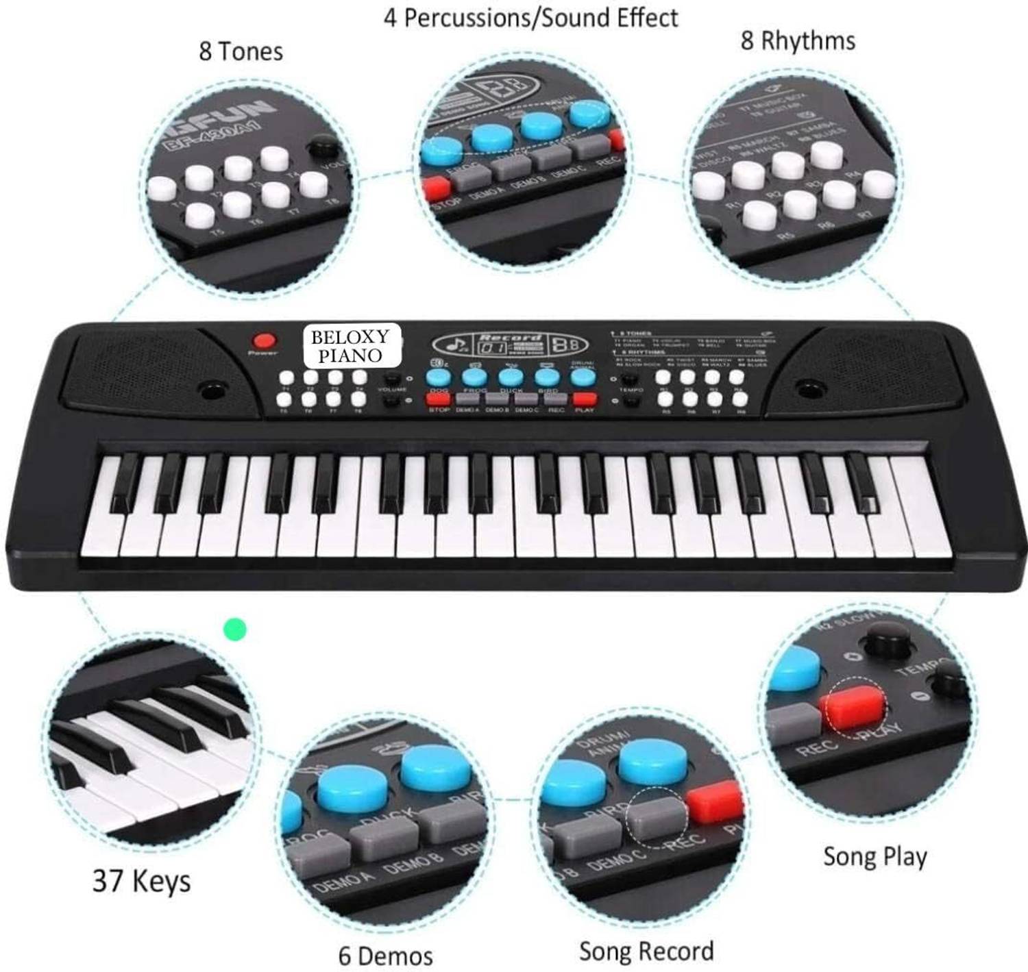 FRONY (Piano Keyboard) with Mic/37 Keys 8Rhythms, 8Tones, Portable