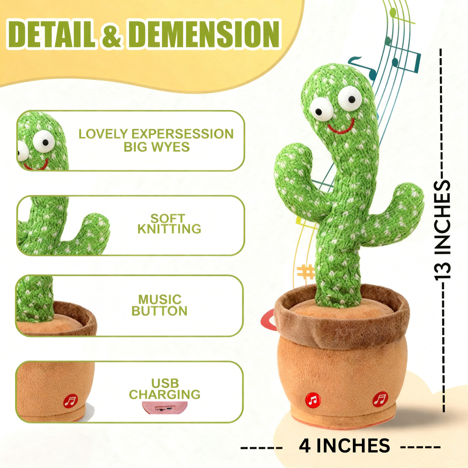 Image of JYT Interactive Musical Cactus Toy Talking Singing Mimicking -Repeat What You Say