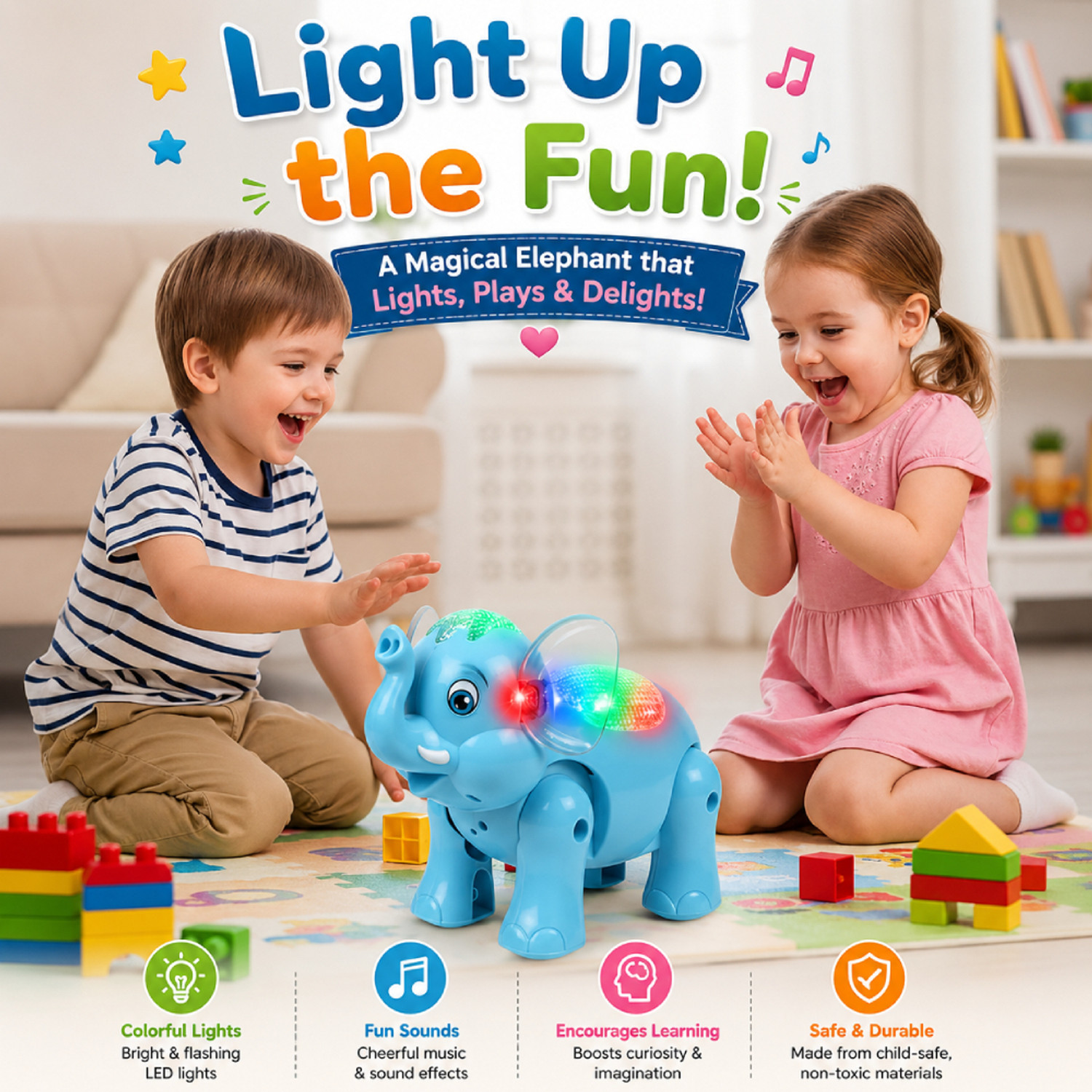 Image of Alvero Musical Clever Elephant Crawling Toy with 3D Flashing Lights, Sound & Walking (Blue)
