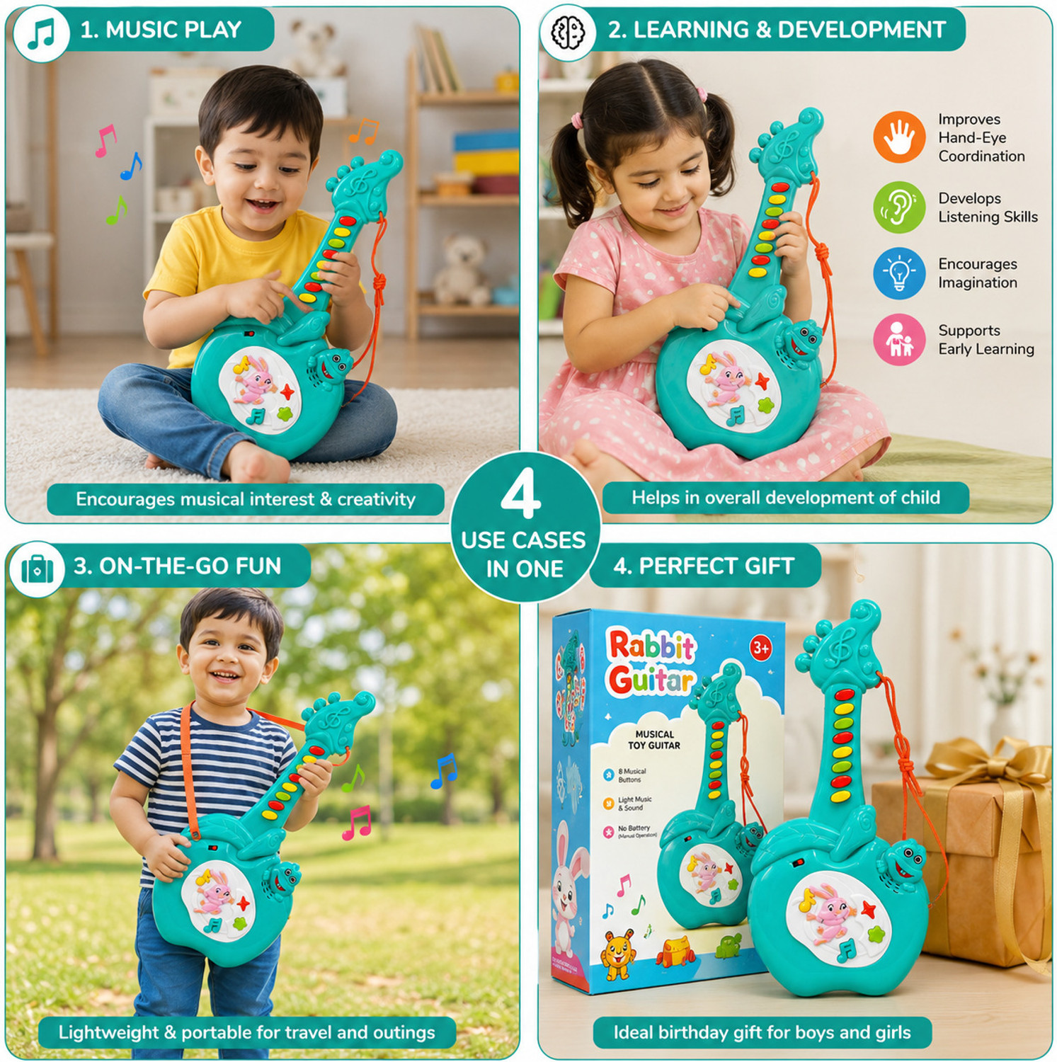 Image of Diamond Spring Rabbit Toy Guitar with Fun Musical Sounds (Battery Not Included)