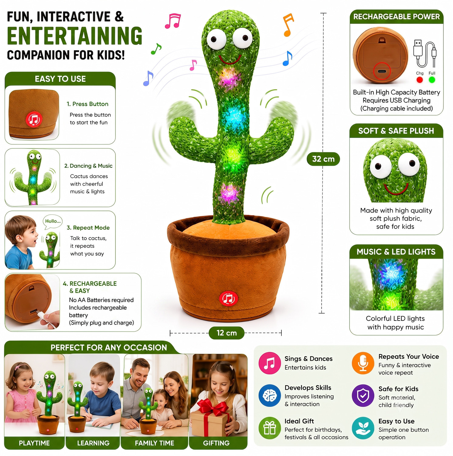 Image of Toys Adventure Dancing Cactus Talking Musical Toy for Kids, Mimicking & Music Features
