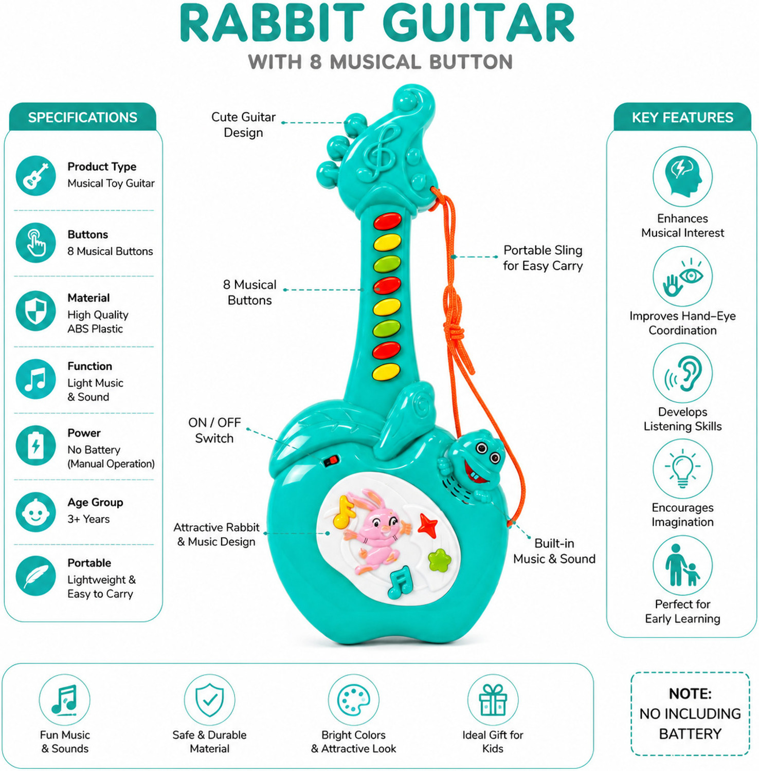 Image of Diamond Spring Rabbit Toy Guitar with Fun Musical Sounds (Battery Not Included)