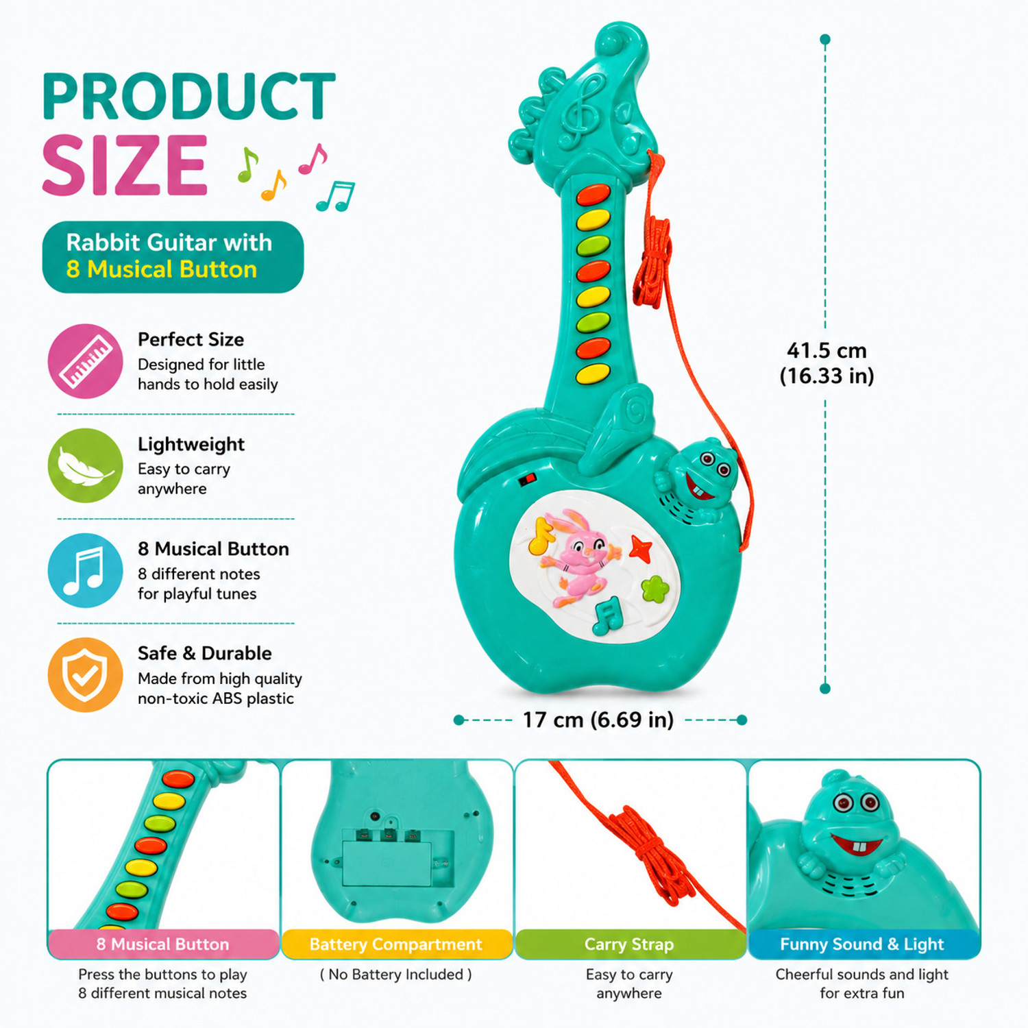Image of Diamond Spring Rabbit Toy Guitar with Fun Musical Sounds (Battery Not Included)