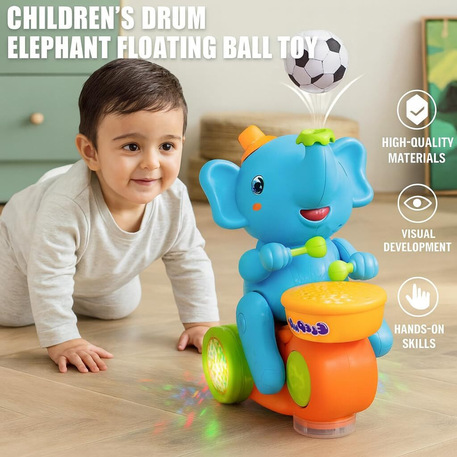 Image of URBANTOTS Musical Elephant Toy for Kids | Light-Up Drum, Music & Moving Ball