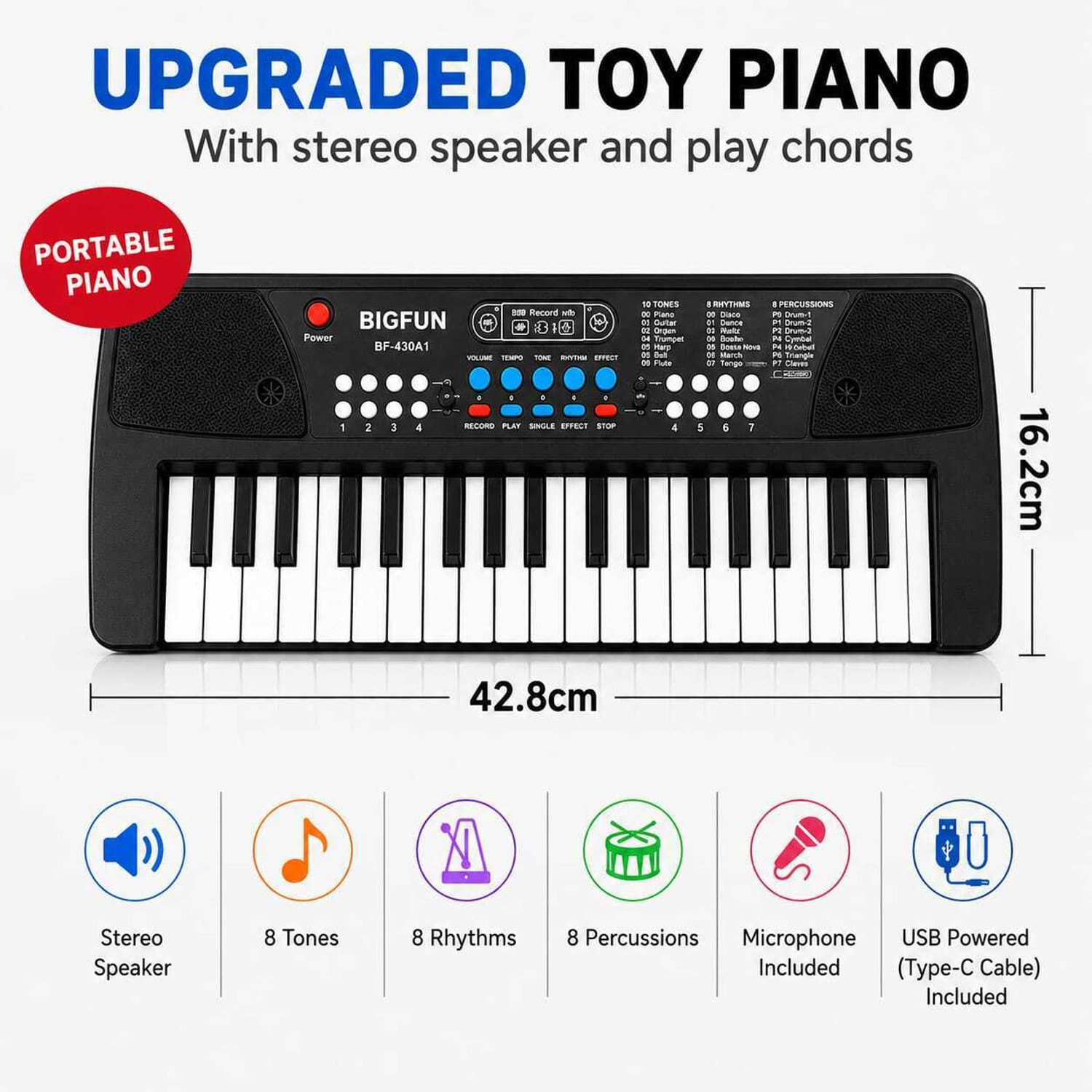 Image of ZUNBELLA Mini Piano Keyboard 37 Keys with Mic Recording & USB Charging Musical Toy