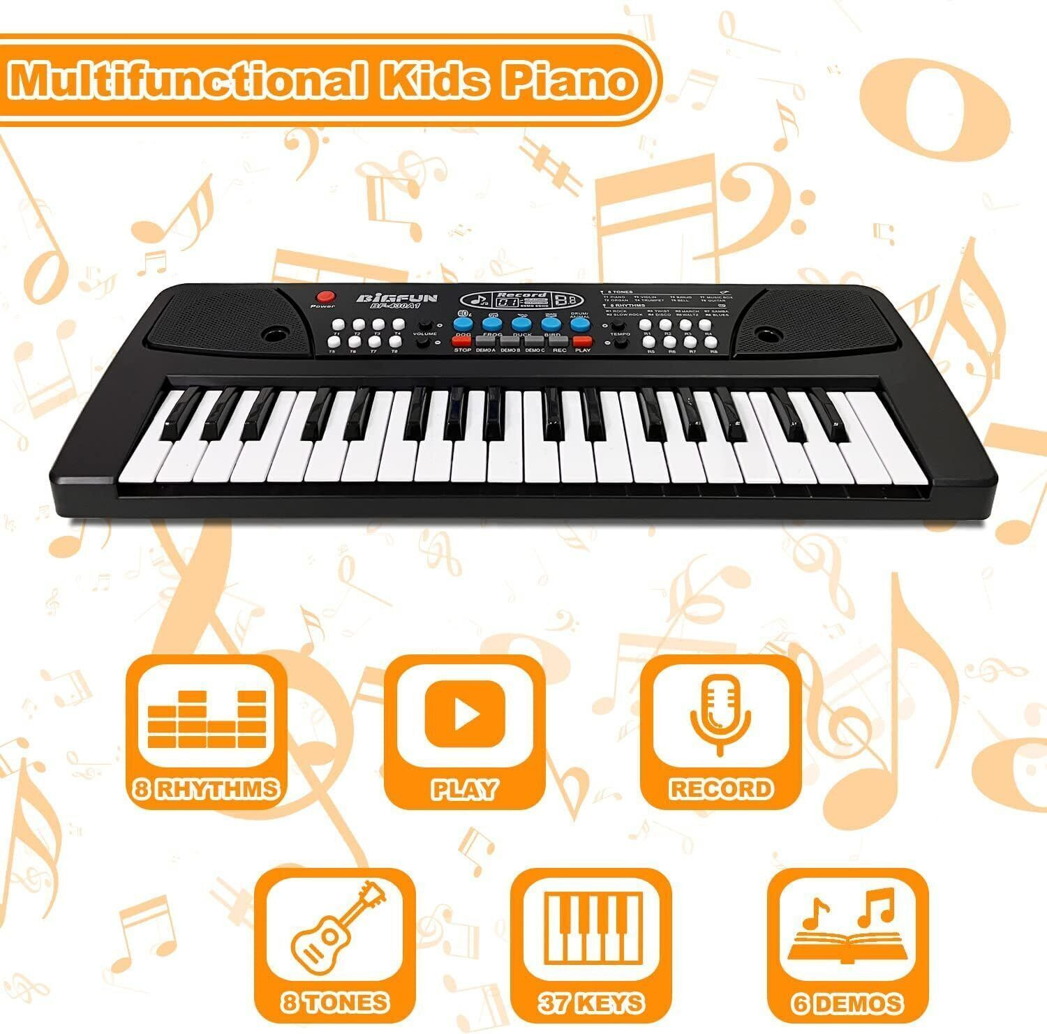 Image of Qbik Kids Keyboard Piano, 37 Keys Piano Keyboard for Kids Musical Instrument Gift Toys for Over 3 Year Old Children (Black and White)