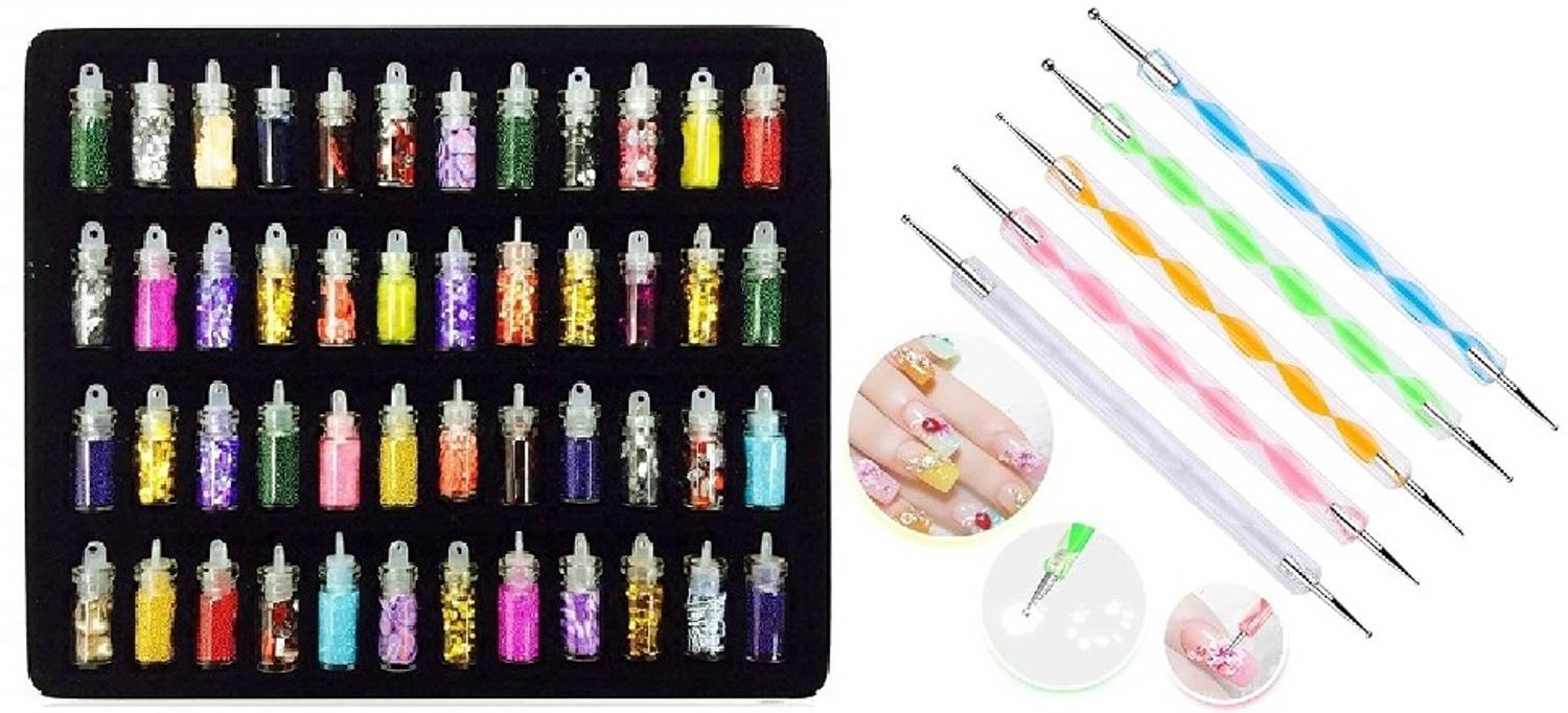 angelie 48 Bottles 3D Nail Art Glitter Set and 5 Pcs Double Sided Nail Dotting Tool Pen