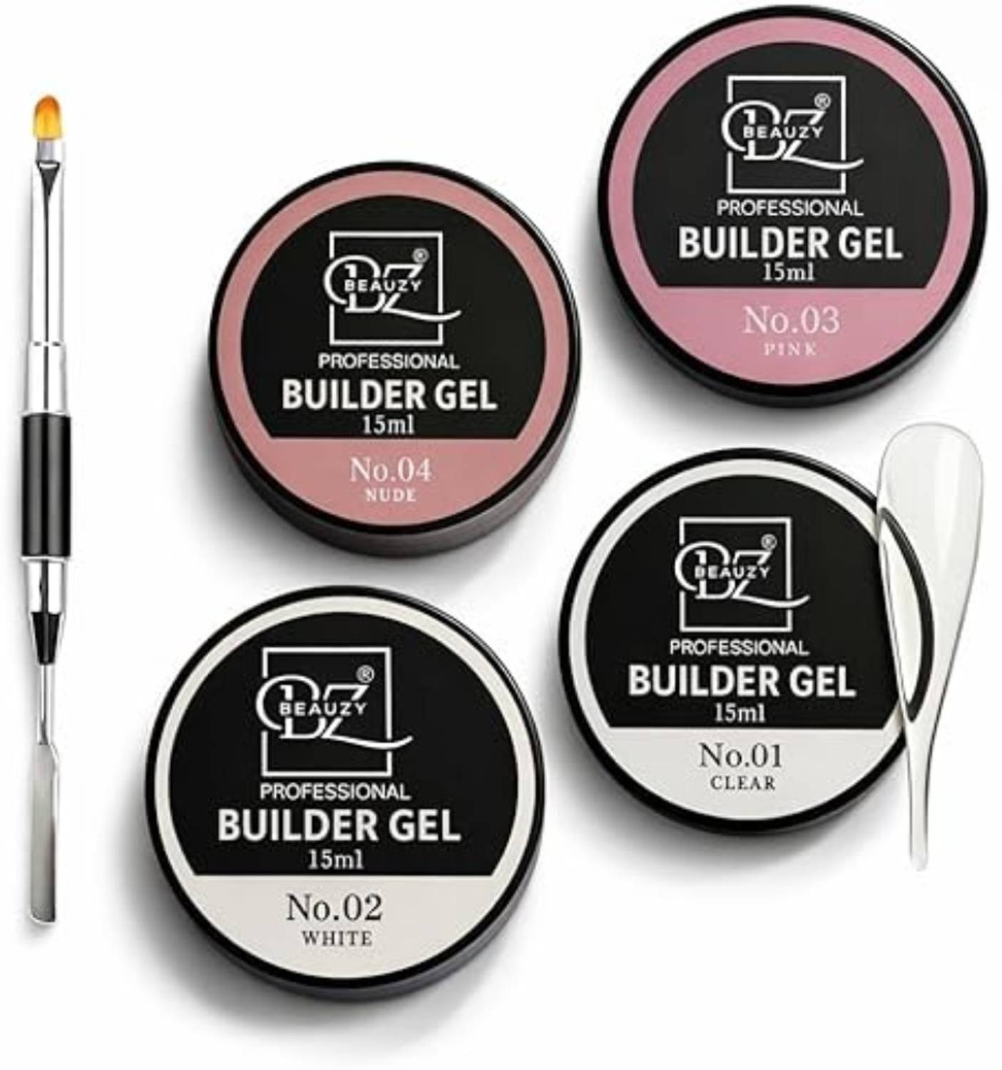 Beauzy Builder Gel Combo 15ml ×4 | Clear, White, Pink & Nude with dual brush !