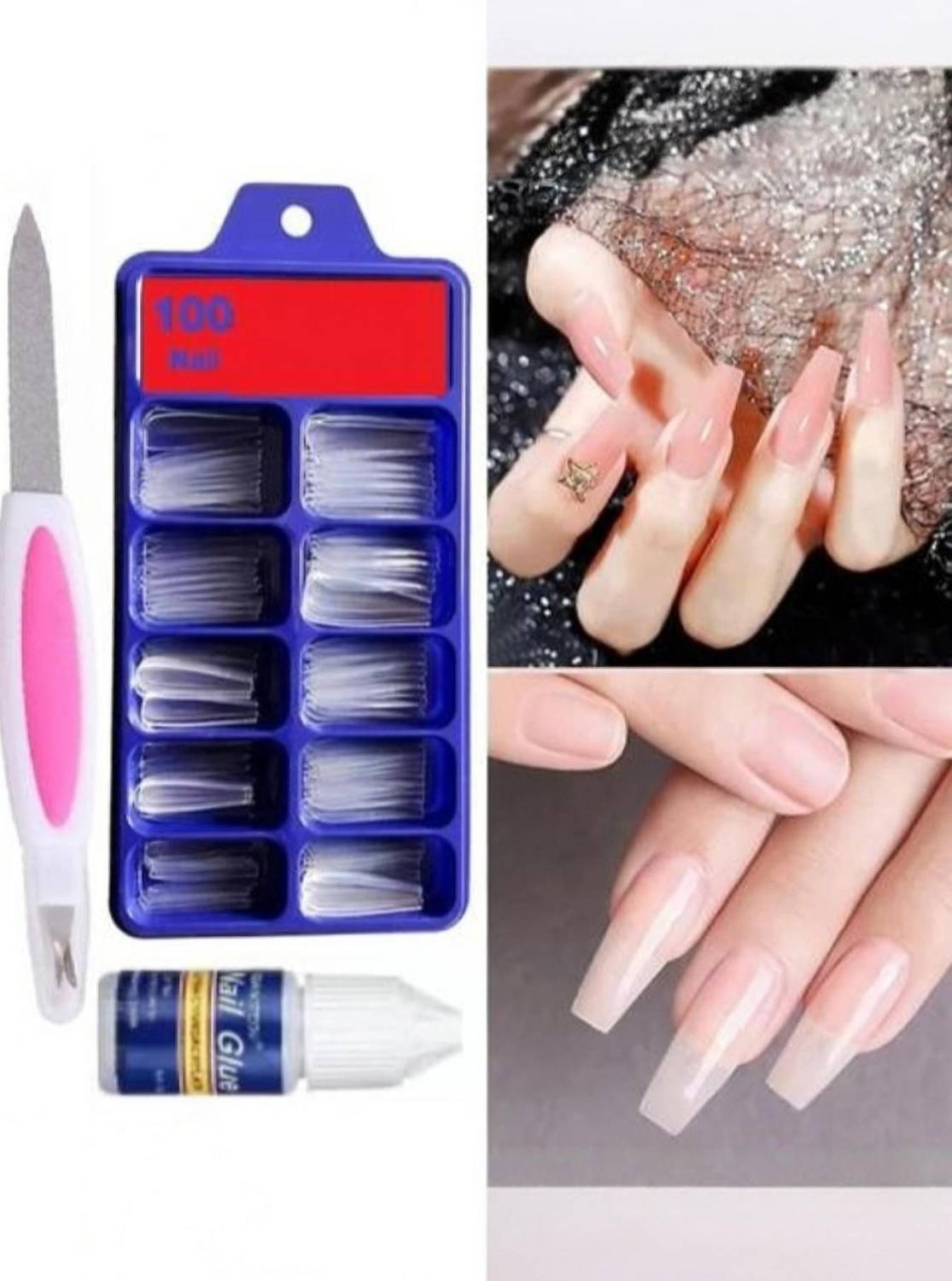 BRM TRADERS 100 pcs Nails, Nail Glue and Nail Filer Combo (Pack of 3)