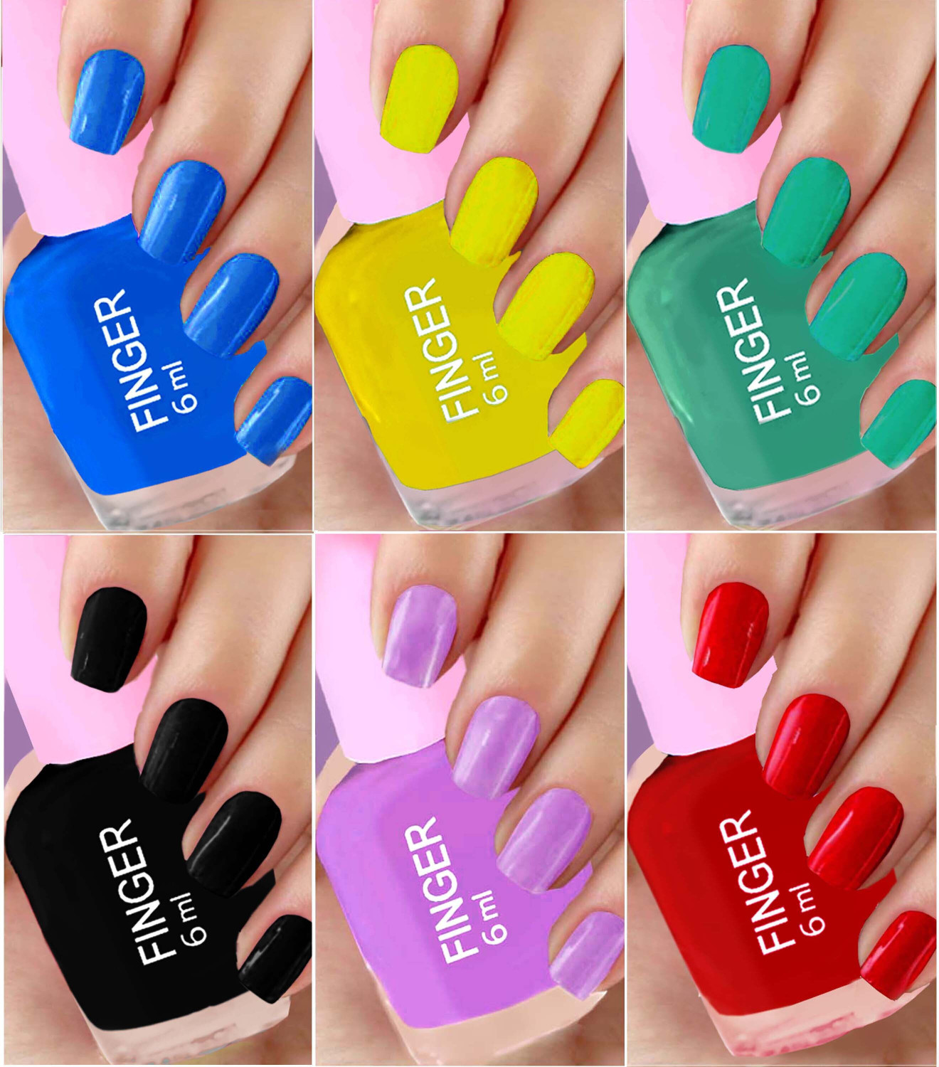 Image of Finger Nail Polish 6 Pcs Blue, Yellow, Black