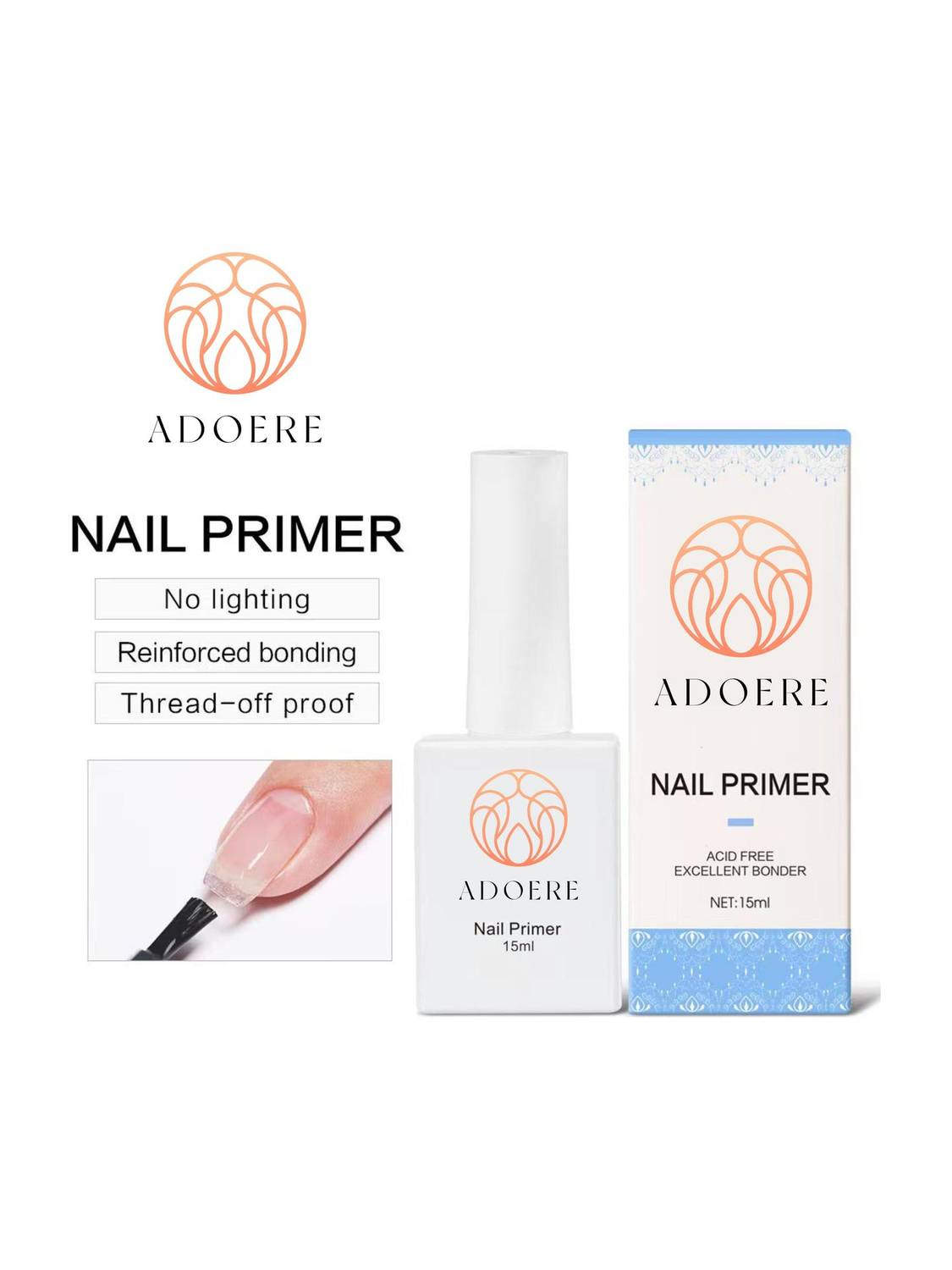 Adoere Nail Primer for Gel Nail Polish No Lift Nail Prep Bond Primer Acid Free Fast Air Dry Nail Bonder for Acrylic Powder Nail Supplies Set, Nail Primer